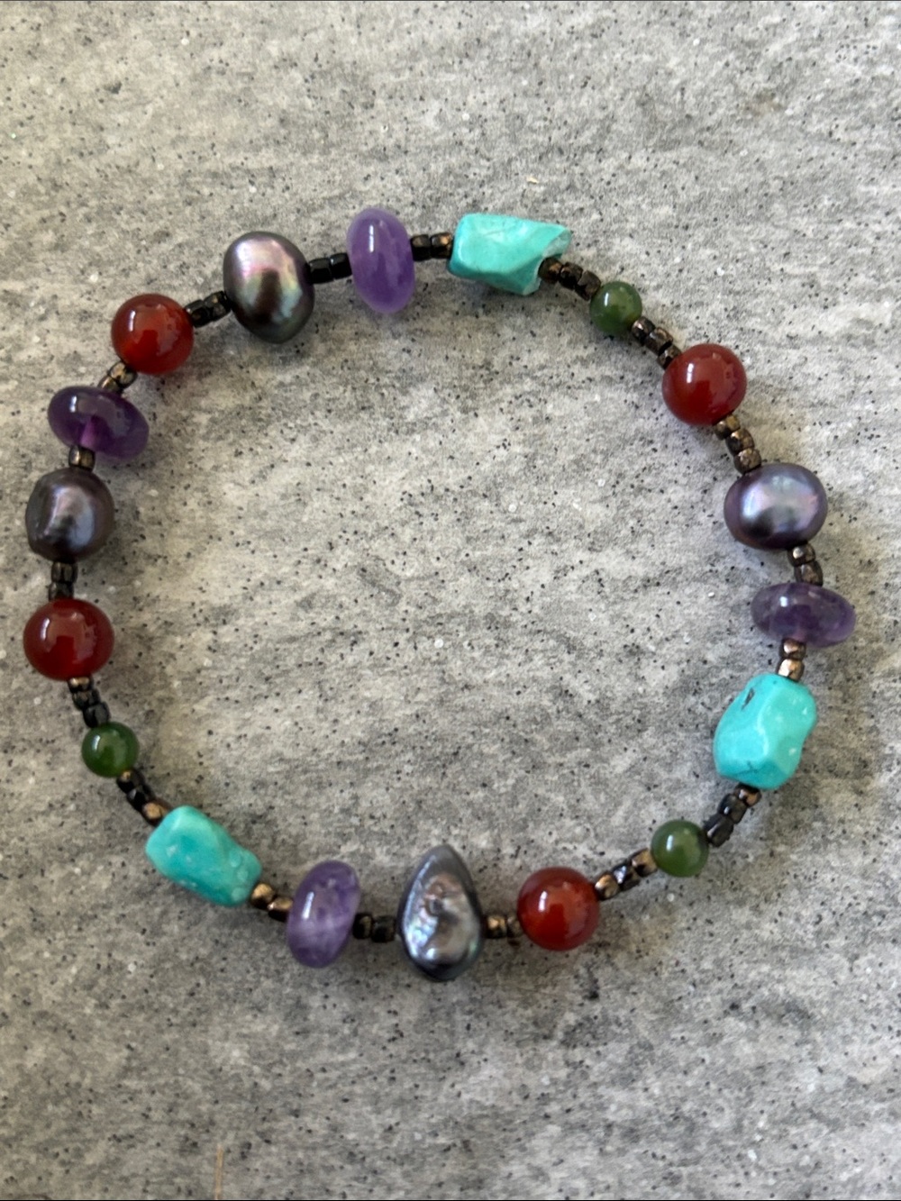Semi-Fine Jewelry: Chip Stretch Bracelet Black Pearl Purple Amethyst Carnelian